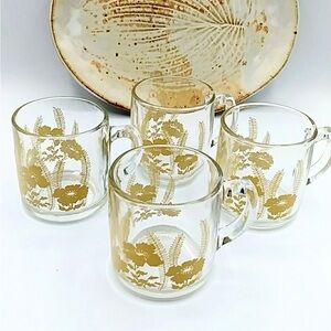 4 Libbey Yellow Flowers and Fern Clear Mugs. Vintage Design. 50s and 60s.